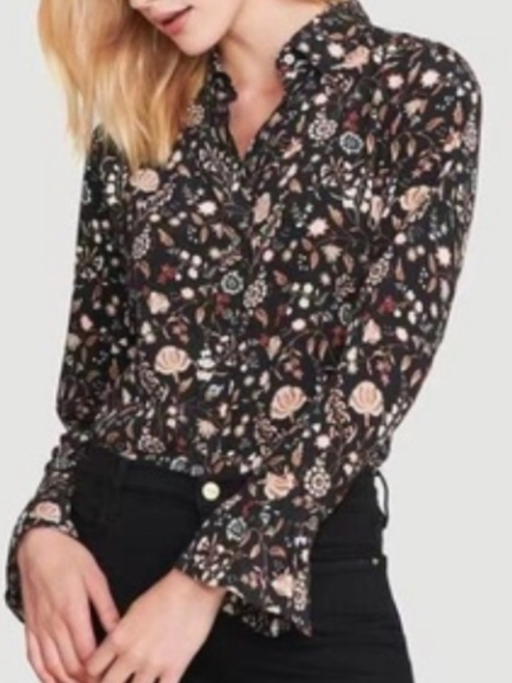 Frame Noir Multi Silk Button Down Blouse Ruffle Cuff Size Medium - Picture 12 of 13